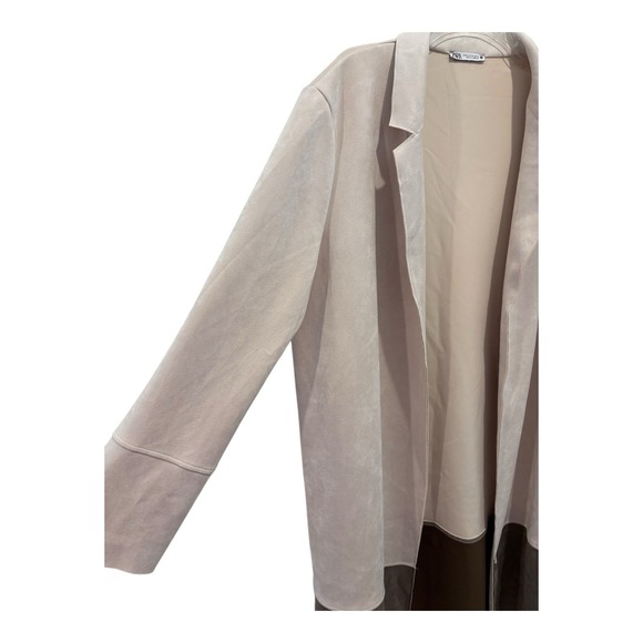 Zara Duster Coat Womens  XL Faux Suede Longline Open Beige Brown Colorblock Soft - Picture 4 of 7